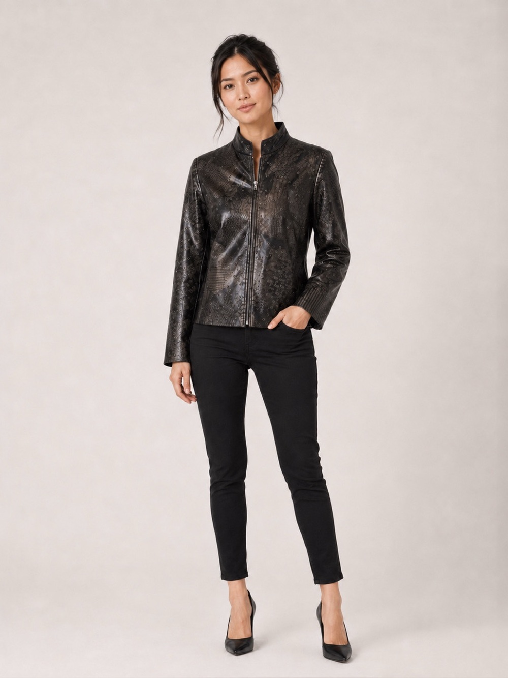 St John Leather Jacket Blk/Brown Leather Embossed Perforated Jacket Sz S Petite